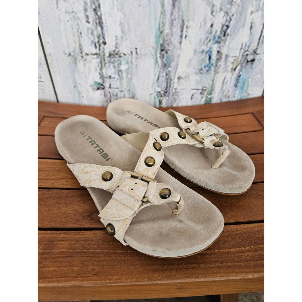 Tatami Birkenstock Sandals 38 (7) Cream Leather Studded Boho Thong Buckle Slides
